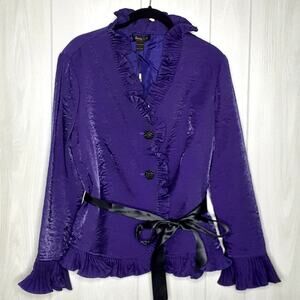 NWT Ladies Jerry T Purple and Black Jacket Ruffles Size Medium Beaded Buttons